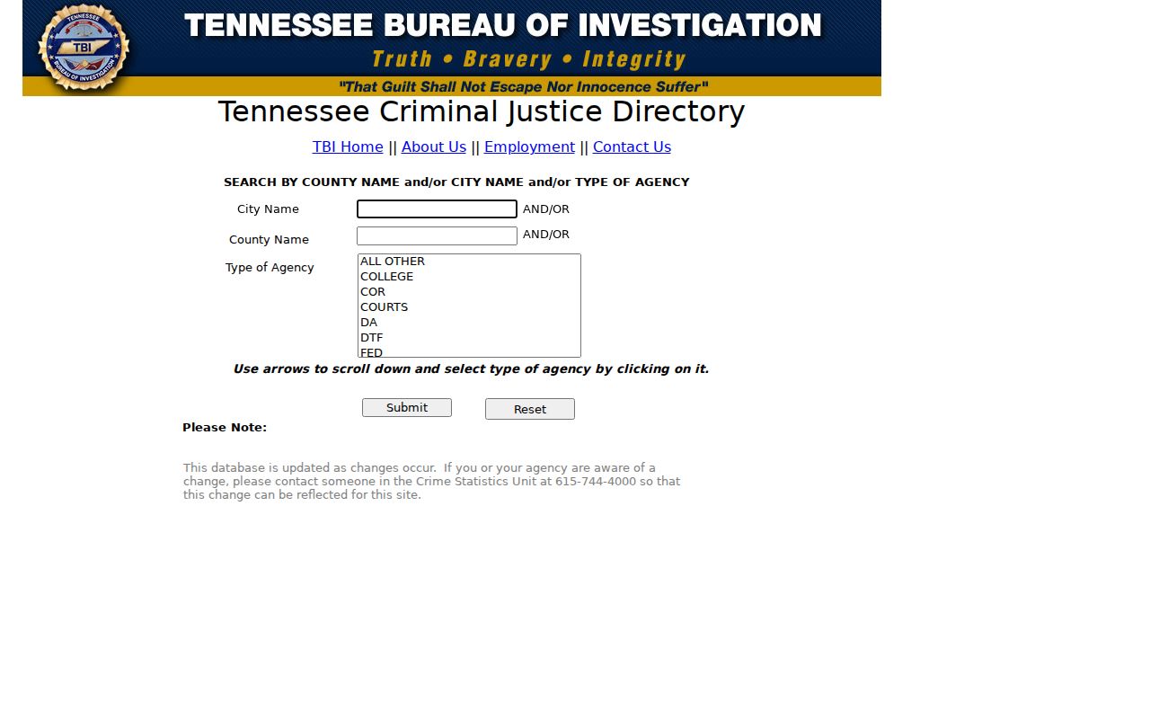 Decatur County warrant search: TBI agency directory fields, not a warrant database